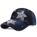 Navy blue denim baseball cap with silver rhinestone star pattern and distressed brim - Adjustable / Deep Blue Denim