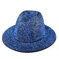Detailed view of the sparkling blue rhinestone embellishments on this fedora hat - Black Hat with Blue AB Rhinestones