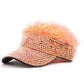 Close-up of vibrant orange rhinestone sun visor featuring a creative faux hair top decor - Orange Hair Orange AB Rhinestones
