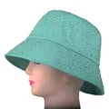 Mint green bucket hat with sparkling rhinestones shown from a stylish side angle - M (56-58cm) / Cyan