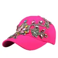 Fashionable bright pink baseball cap with colorful rhinestones and floral embroidery - Adjustable / Rose Red