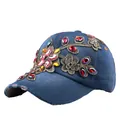 Dark blue denim baseball cap with exquisite colorful floral rhinestone embroidery - Adjustable / Dark Blue Denim