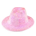 Detail showing hand-set pink rhinestones on a vintage wool fedora jazz hat - Pink Hat with Pink AB Rhinestones