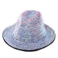 Detailed macro view of vibrant AB rhinestones hand-set on a vintage wool jazz fedora - Black Hat with White AB Rhinestones