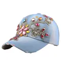 Light blue washed denim baseball cap with colorful rhinestone floral embroidery detail - Adjustable / Medium Blue Denim