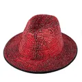 Close-up of sparkling red rhinestones on wool fedora hat for stage and party - Black Hat with Red Rhinestones