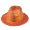 Detail of hand-set orange rhinestones on a wool felt fedora hat for stage performance - Orange Hat with Orange Rhinestones