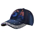 Dark blue denim baseball cap with rhinestone USA logo and studded brim details - Deep Blue Denim