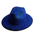 Detail view of sapphire blue rhinestones on a classic wool jazz fedora hat surface - Black Hat with Royal Blue Rhinestones