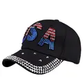 Black denim baseball cap with rhinestone USA flag design and studded brim detail - Black