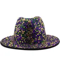 Detail of handmade sequins and colorful beads on a vintage Mardi Gras fedora hat - Black Hat with Tricolor Mixed Rhinestones