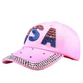 Pink denim baseball cap with sparkling rhinestone USA letters and studded brim - Pink