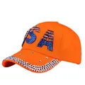 Orange denim baseball cap featuring sparkling USA rhinestone letters and silver metal studs - Orange