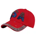 Red baseball cap with USA rhinestone design and glittering silver studded brim - Red