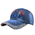 Navy blue denim baseball cap featuring sparkling USA rhinestone letters and metal studs - Dark Blue Denim