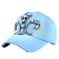 Light blue denim baseball cap with rhinestone iris flower and distressed brim design - One Size / Light Blue Denim