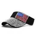 Detailed view of handmade rhinestones and US flag pattern on a black sun visor hat - Adjustable / Black with Silver Rhinestones