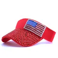 Detail of red rhinestone sun visor with sparkling American flag patch on the front - Adjustable / Red Red Rhinestone