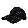 Women's black cotton baseball cap with silver metallic studs and sparkling rhinestones - One Size(Adjustable) / Black