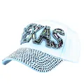 Weiße Baseballkappe mit funkelnden TEXAS-Strasssteinen und Pailletten-Verzierungen - Einheitsgröße / Weiß