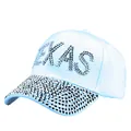 Light blue baseball cap with sparkling silver TEXAS rhinestone lettering and studded brim - One Size / White