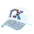 Light blue baseball cap featuring colorful gemstone TX letters and silver rhinestone brim - One Size / White