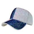 White baseball cap with sparkling deep blue and iridescent rhinestones across the front - White AB Blue Rhinestone