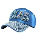 Blaue Denim Baseballkappe mit TEXAS-Strass-Schriftzug und glitzerndem Kristallrand - Einheitsgröße / Dunkelblaues Denim