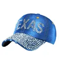 Blue denim baseball cap for women featuring TEXAS rhinestone letters and sparkling brim - One Size / Dark Blue Denim