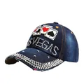 Donkerblauwe denim honkbalpet met Vegas-steentjes en patches in poker-ontwerp - Verstelbaar / Donkerblauw