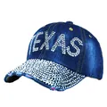 Navy blue denim baseball cap with sparkling Texas rhinestone letters and distressed brim - One Size / Deep Blue Denim