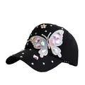 Black baseball cap featuring colorful butterfly rhinestones and decorative floral accents - Adjustable / Black