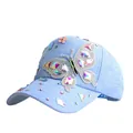 Light blue baseball cap with crystal butterfly patch and colorful rhinestones - Adjustable / Blue