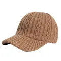 Winter knitted baseball cap in camel brown featuring thick cable knit texture design - Camel