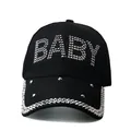 Unisex black baseball cap featuring rhinestone BABY letters and studded brim decor - Adjustable / Black