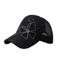 Dames baseballpet in zwart met mesh, pailletten, strass vlinder en geborduurde bloemen - Verstelbaar / Zwart