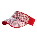 Red sun visor hat with sparkling rainbow rhinestones and elastic band for women - Red with White AB Rhinestone