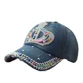 Berretto da baseball in denim consumato con corona di strass colorati e borchie argentate - Regolabile / Denim Blu