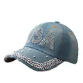 Berretto da baseball in denim invecchiato con lettere USA in strass e visiera luminosa - Taglia Unica(Regolabile) / Azzurro (Denim N.2)