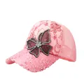 Roze baseballpet met mesh achterkant, lovertjes op de klep en kanten vlinder met kristallen - Verstelbaar / Roze