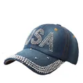 Berretto da baseball in denim blu scuro con lettere USA in strass e visiera con gemme - Taglia Unica(Regolabile) / Blu Scuro (Denim N.3)
