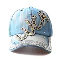 Denim baseball cap with leopard LUCK text and rhinestones on a light blue denim sun hat - Adjustable / Denim No.2 (Light Blue)