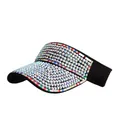 Black sun visor hat with colorful rhinestones and elastic band for summer sun protection - Black with White AB Rhinestones