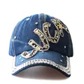 Close-up of denim baseball cap featuring leopard print Love letters with rhinestones - Adjustable / Denim No.3 (Dark Blue)