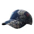 Ethno-Stil Baseballkappe mit Blumenmuster aus dunkelblauem Denim im Vintage-Look - Verstellbar / Gewaschenes Dunkelblau