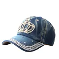 Berretto da baseball in denim lavato blu scuro con corona di strass e perline - Stile Corona di Strass / Blu Scuro (Denim N.3)