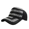 Black baseball cap with silver rhinestones in a striped pattern for outdoor fashion - Black and Silver Rhinestone