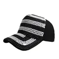 Sparkling black and white rhinestone baseball cap with striped pattern design - Black and Solid White Rhinestone