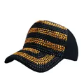 Black baseball cap with two-tone black and gold rhinestones in a striped pattern - Black and Gold Rhinestone