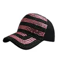 Pink and black rhinestone baseball cap with striped pattern and adjustable strap - Black and Pink Rhinestone
